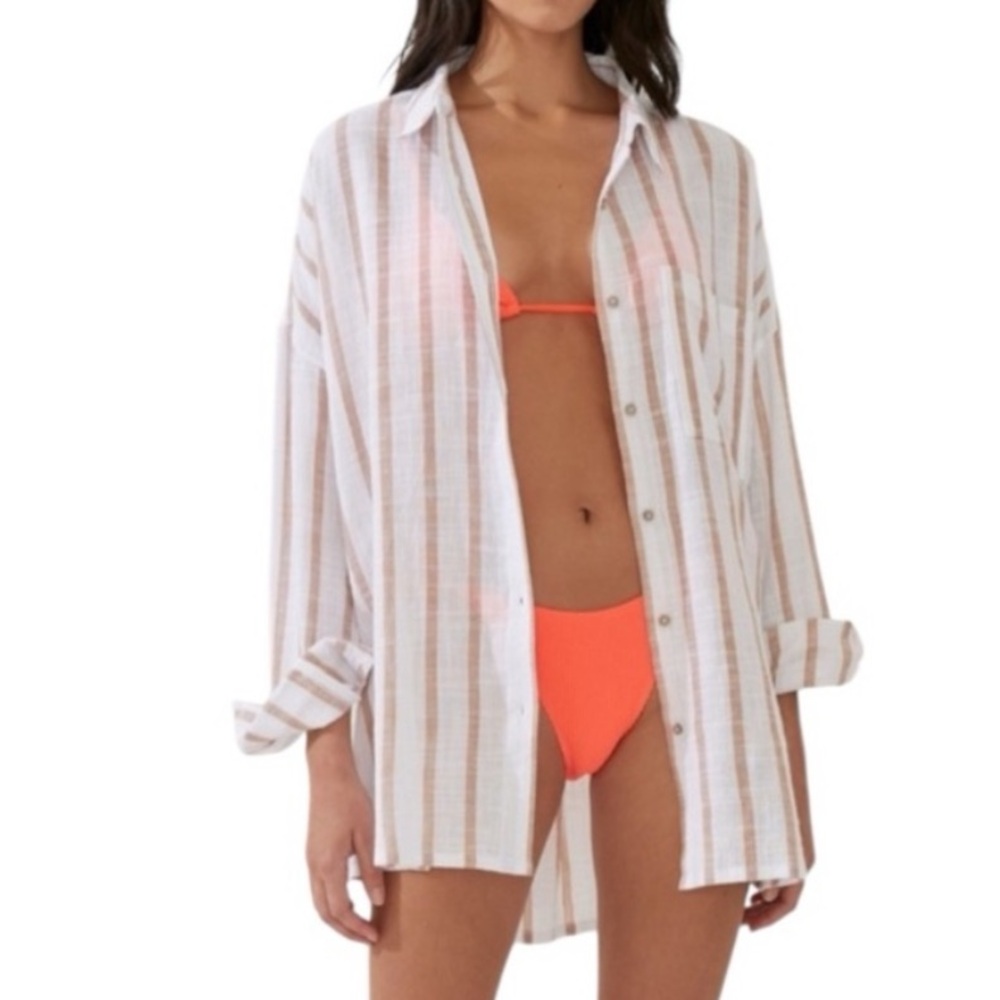 NWT Cotton-On Body White and Tan Striped Beach Cover Up Size XL - Picture 1 of 10